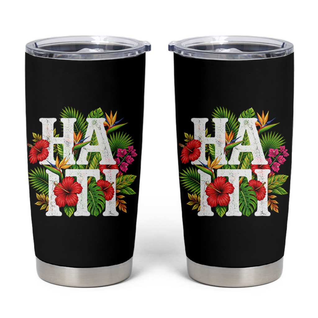 Haiti Tropical Floral Hibiscus Palm Leaves Island Graphic Tumbler Cup Haitian Heritage Pride