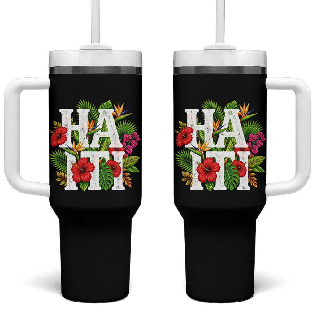 Haiti Tropical Floral Hibiscus Palm Leaves Island Graphic Tumbler With Handle Haitian Heritage Pride