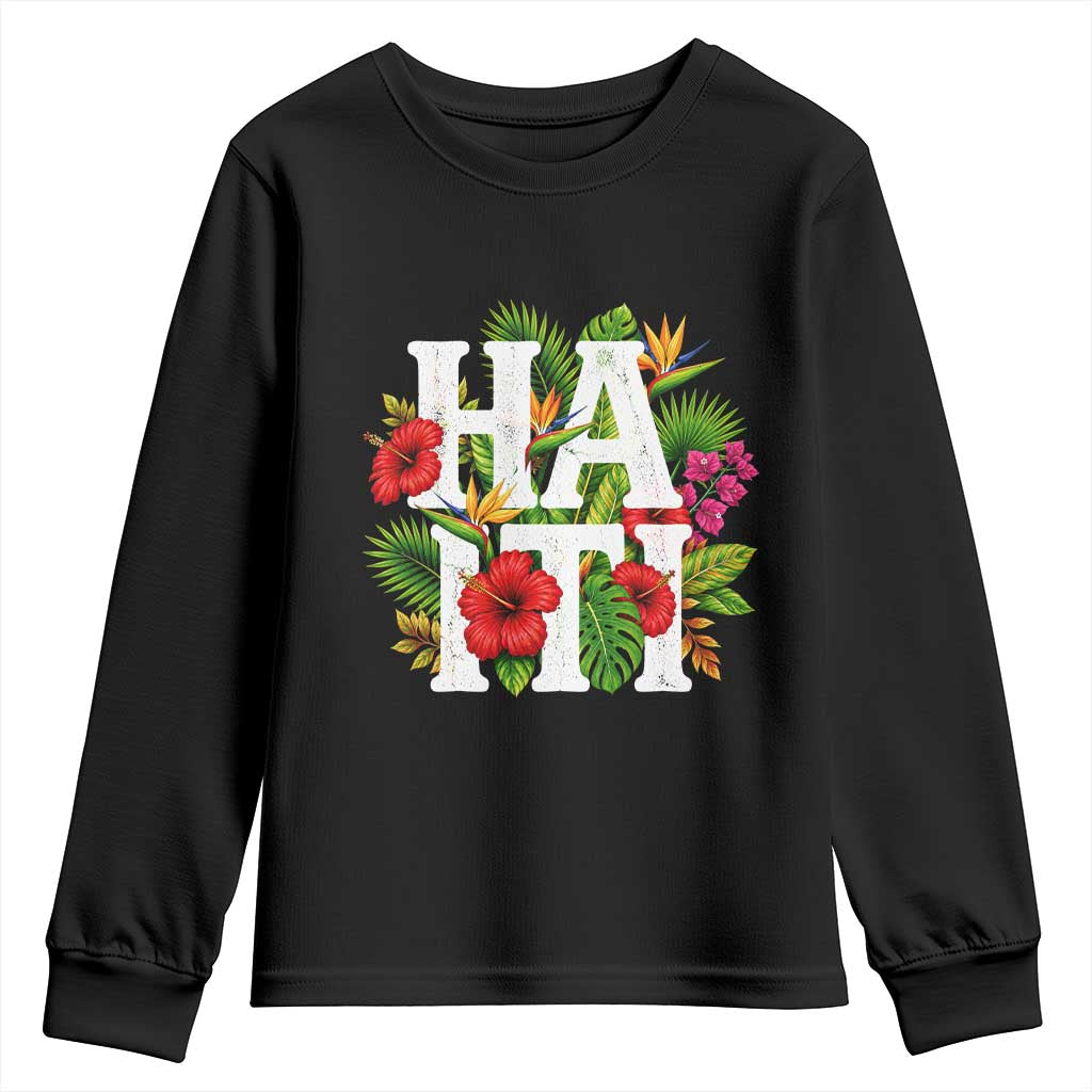 Haiti Tropical Floral Hibiscus Palm Leaves Island Graphic Youth Sweatshirt Haitian Heritage Pride