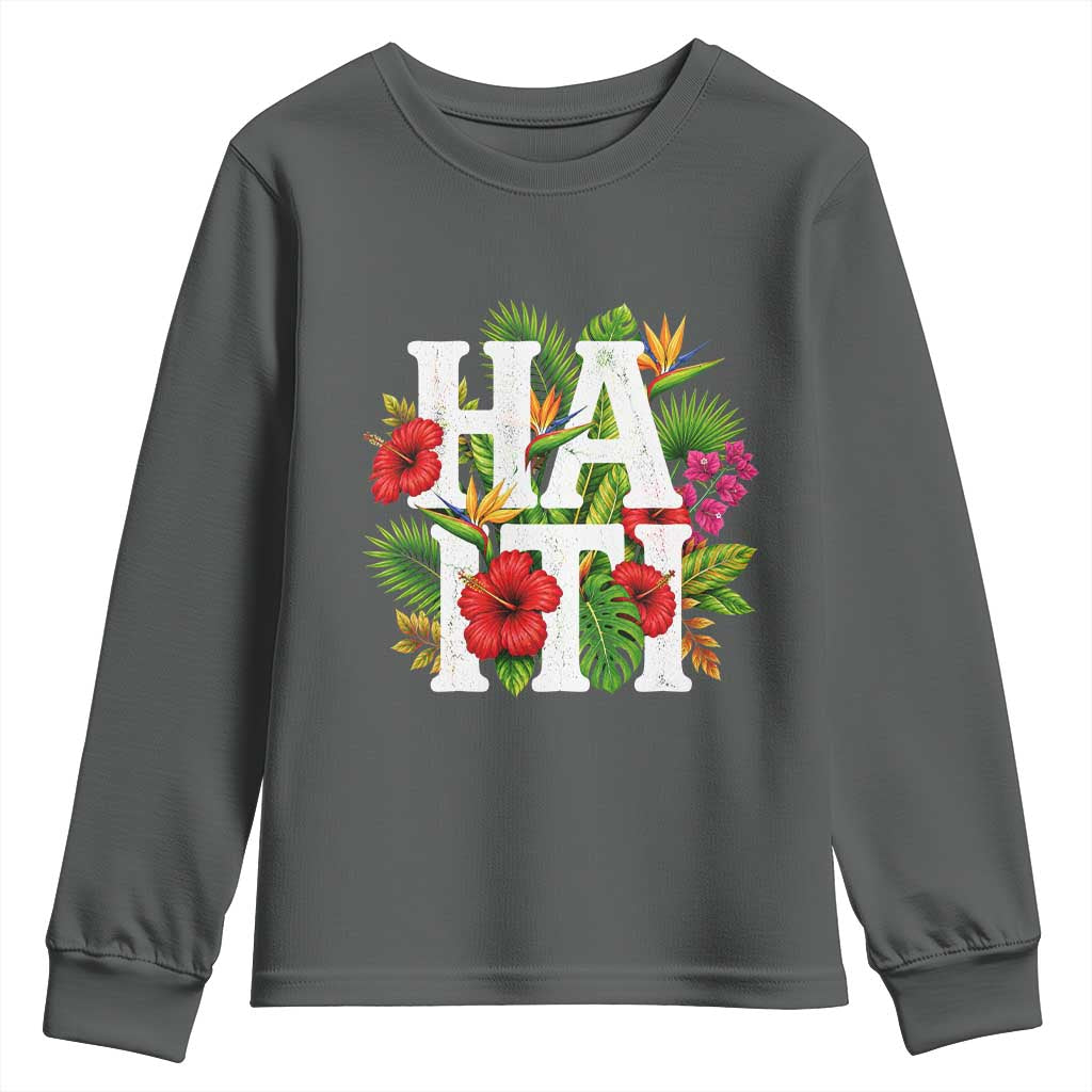 Haiti Tropical Floral Hibiscus Palm Leaves Island Graphic Youth Sweatshirt Haitian Heritage Pride