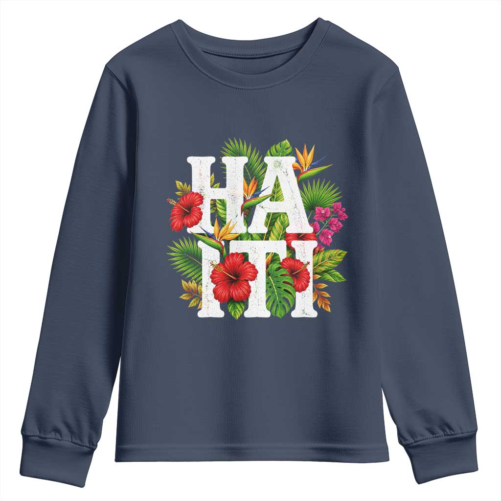 Haiti Tropical Floral Hibiscus Palm Leaves Island Graphic Youth Sweatshirt Haitian Heritage Pride