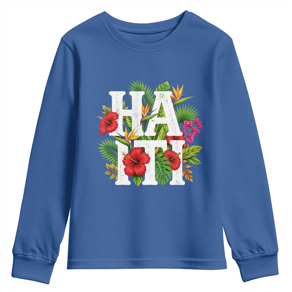 Haiti Tropical Floral Hibiscus Palm Leaves Island Graphic Youth Sweatshirt Haitian Heritage Pride