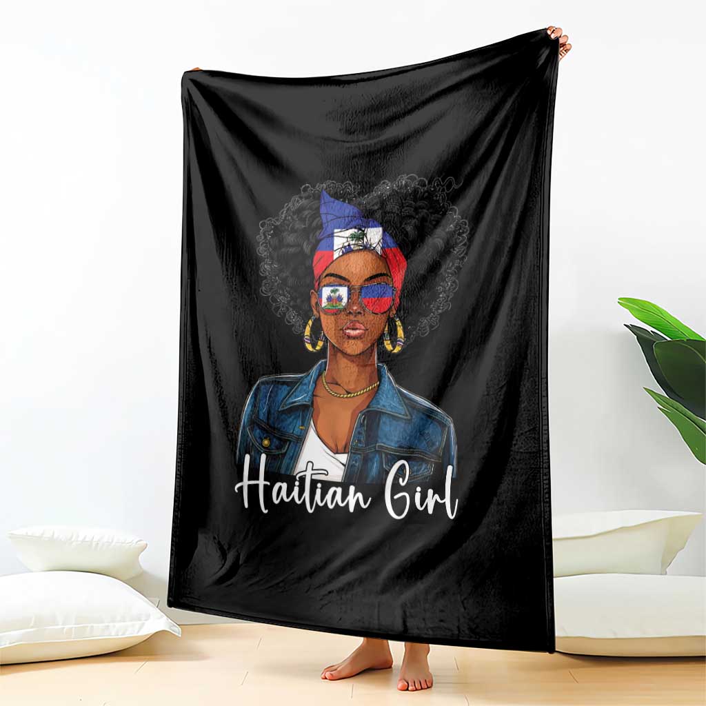 Proud Haitian Afro Girl in Denim Jacket Style Graphic Throw Blanket Haiti Heritage Pride
