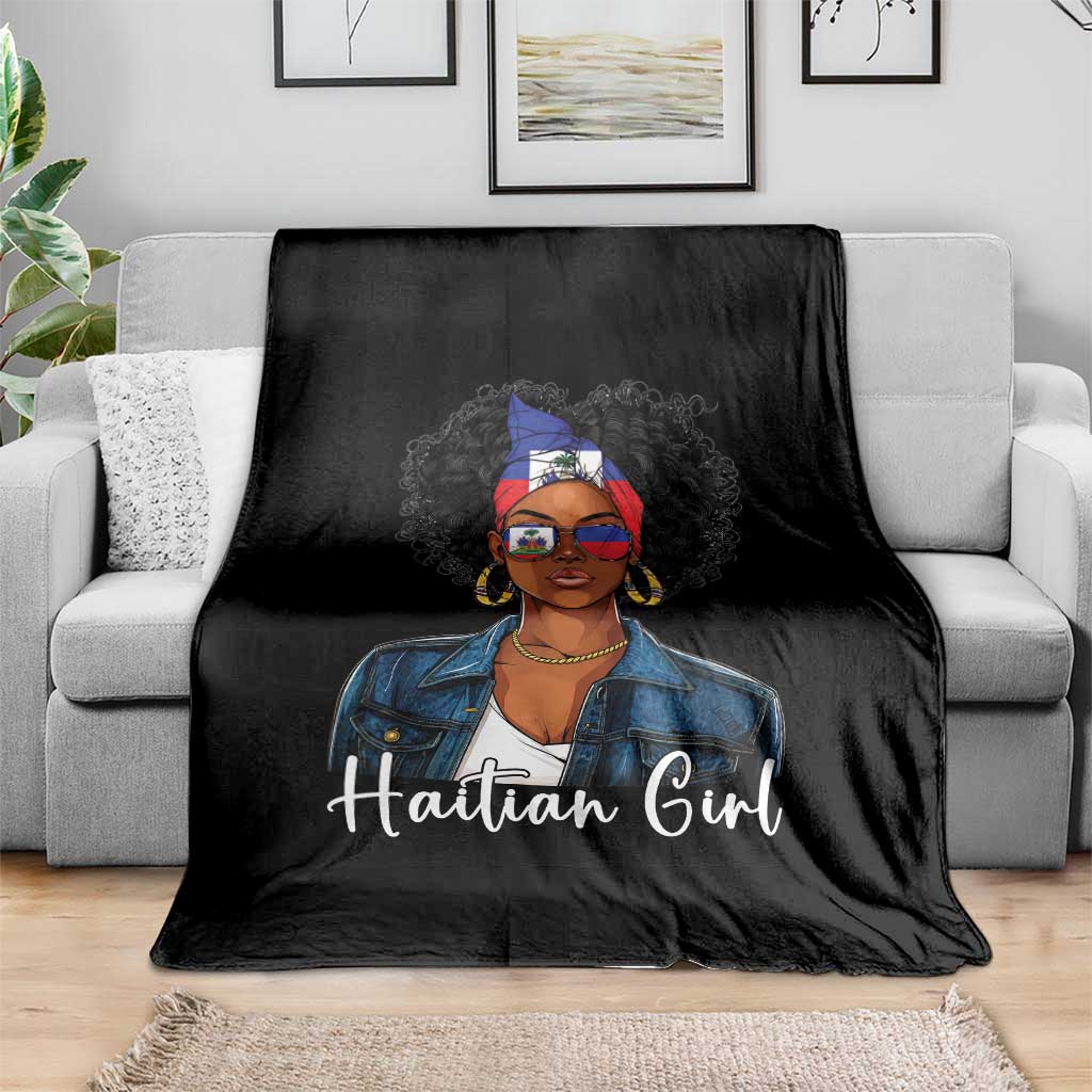 Proud Haitian Afro Girl in Denim Jacket Style Graphic Throw Blanket Haiti Heritage Pride