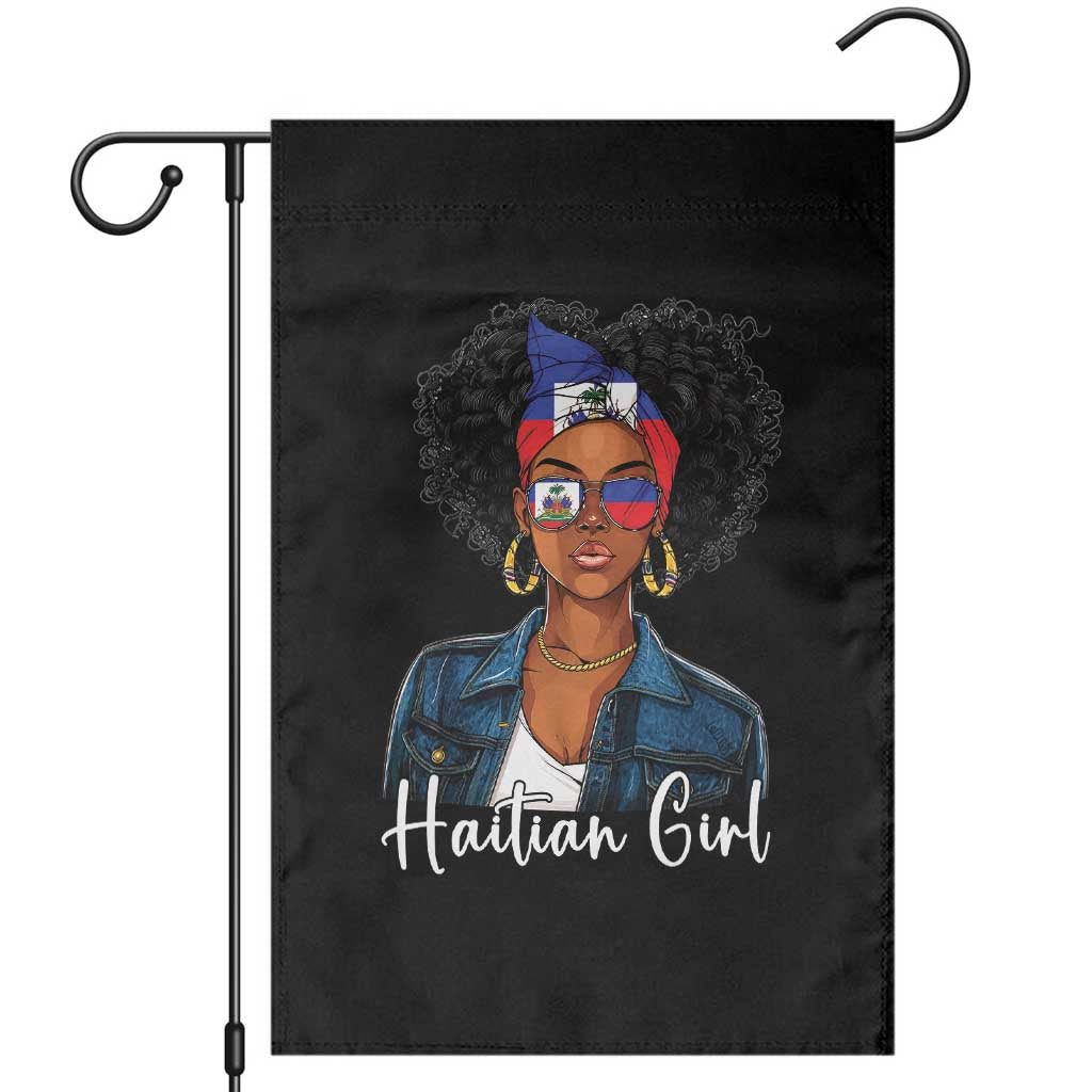 Proud Haitian Afro Girl in Denim Jacket Style Graphic Garden Flag Haiti Heritage Pride