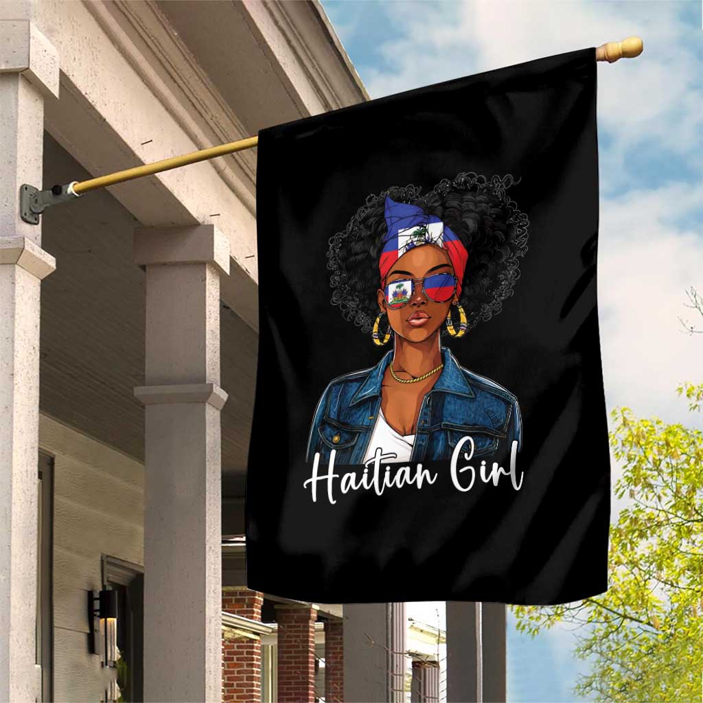 Proud Haitian Afro Girl in Denim Jacket Style Graphic Garden Flag Haiti Heritage Pride