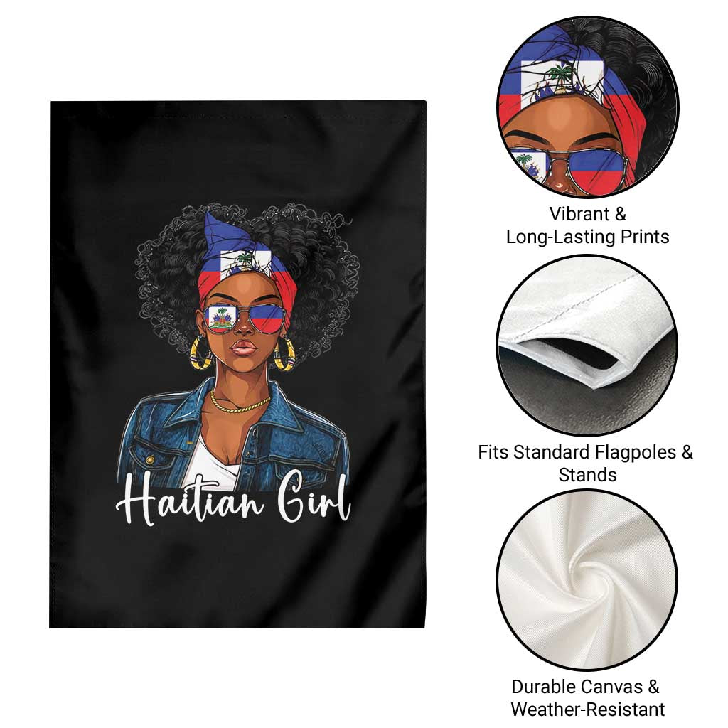 Proud Haitian Afro Girl in Denim Jacket Style Graphic Garden Flag Haiti Heritage Pride