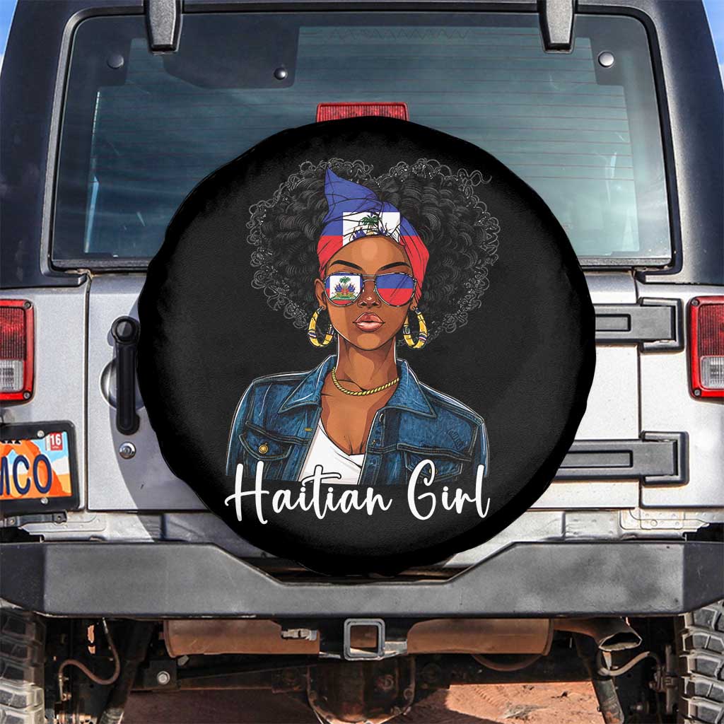 Proud Haitian Afro Girl in Denim Jacket Style Graphic Spare Tire Cover Haiti Heritage Pride