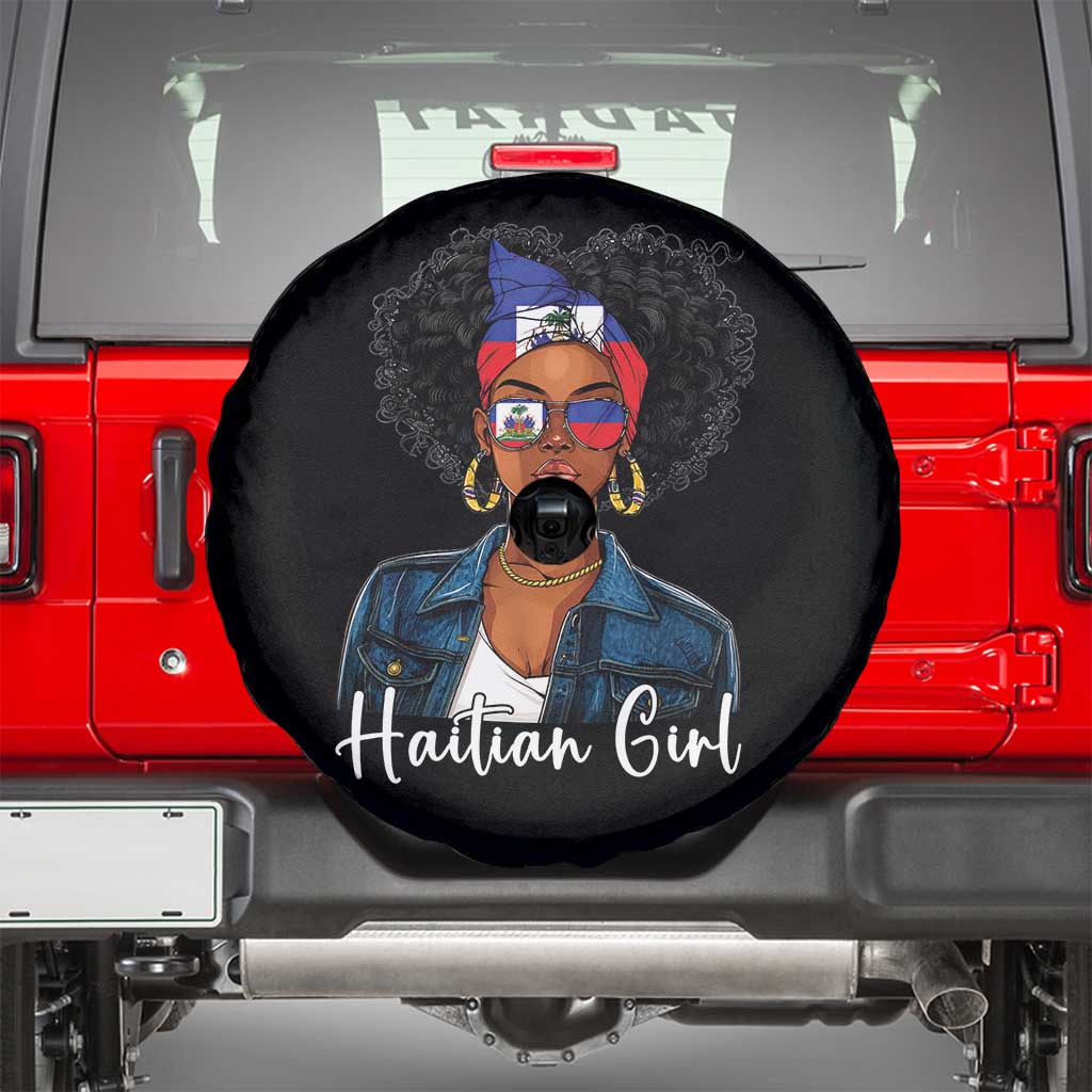 Proud Haitian Afro Girl in Denim Jacket Style Graphic Spare Tire Cover Haiti Heritage Pride