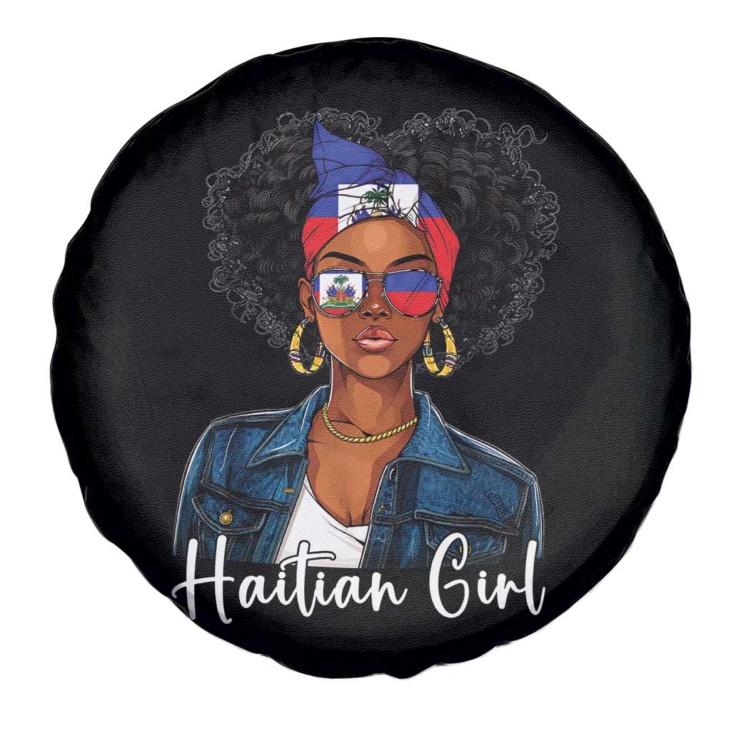 Proud Haitian Afro Girl in Denim Jacket Style Graphic Spare Tire Cover Haiti Heritage Pride