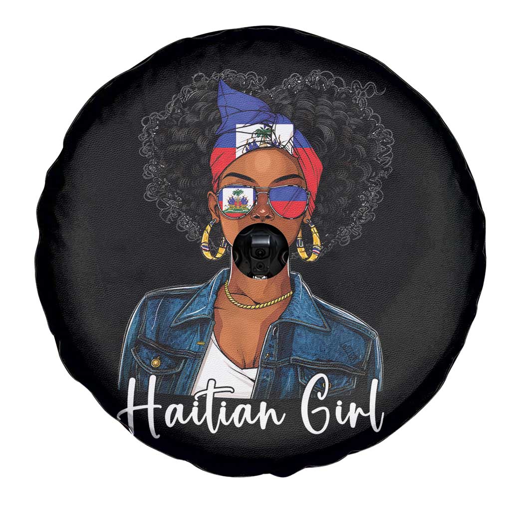 Proud Haitian Afro Girl in Denim Jacket Style Graphic Spare Tire Cover Haiti Heritage Pride