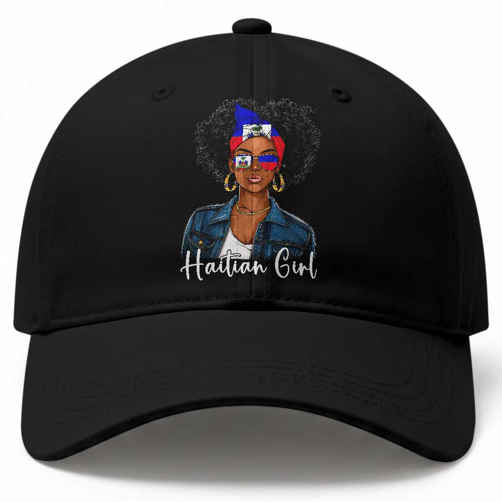 Proud Haitian Afro Girl in Denim Jacket Style Graphic Baseball Cap Haiti Heritage Pride