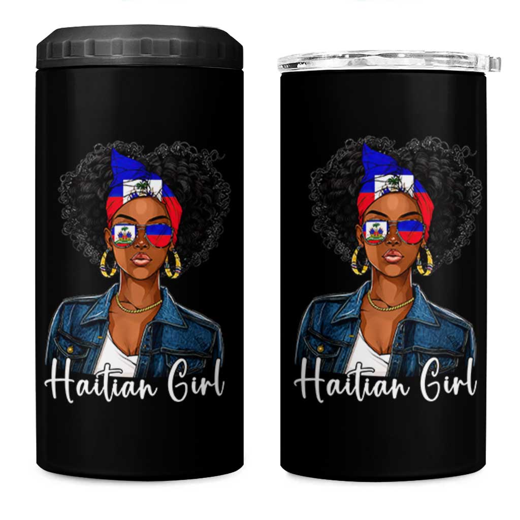 Proud Haitian Afro Girl in Denim Jacket Style Graphic 4 in 1 Can Cooler Tumbler Haiti Heritage Pride