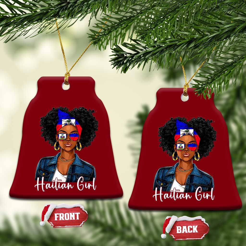 Proud Haitian Afro Girl in Denim Jacket Style Graphic Ceramic Ornament Haiti Heritage Pride