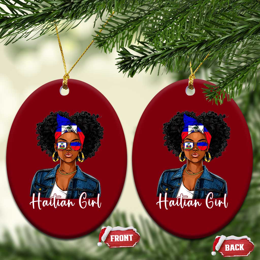 Proud Haitian Afro Girl in Denim Jacket Style Graphic Ceramic Ornament Haiti Heritage Pride