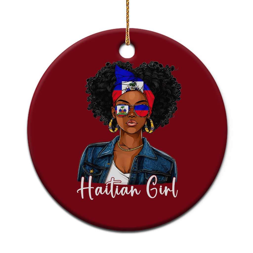 Proud Haitian Afro Girl in Denim Jacket Style Graphic Ceramic Ornament Haiti Heritage Pride