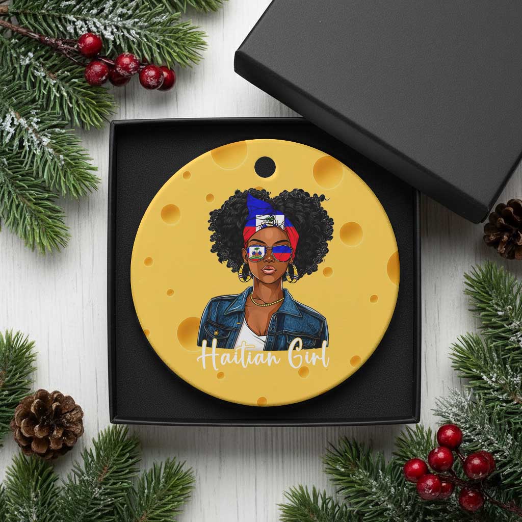 Proud Haitian Afro Girl in Denim Jacket Style Graphic Ceramic Ornament Haiti Heritage Pride
