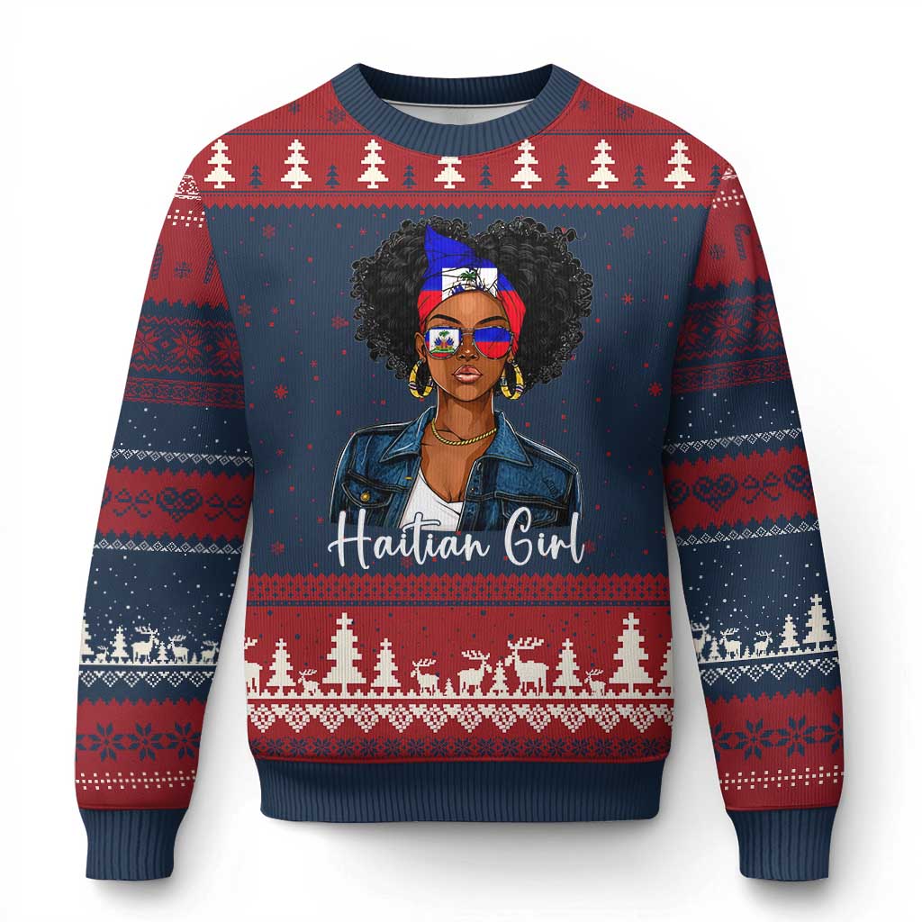 Proud Haitian Afro Girl in Denim Jacket Style Graphic Ugly Christmas Sweater Haiti Heritage Pride