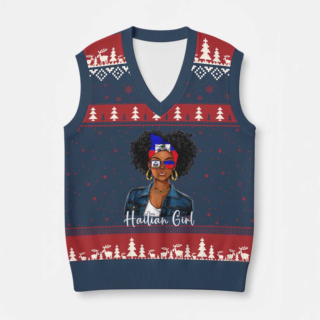 Proud Haitian Afro Girl in Denim Jacket Style Graphic V-Neck Knit Sweater Vest Haiti Heritage Pride