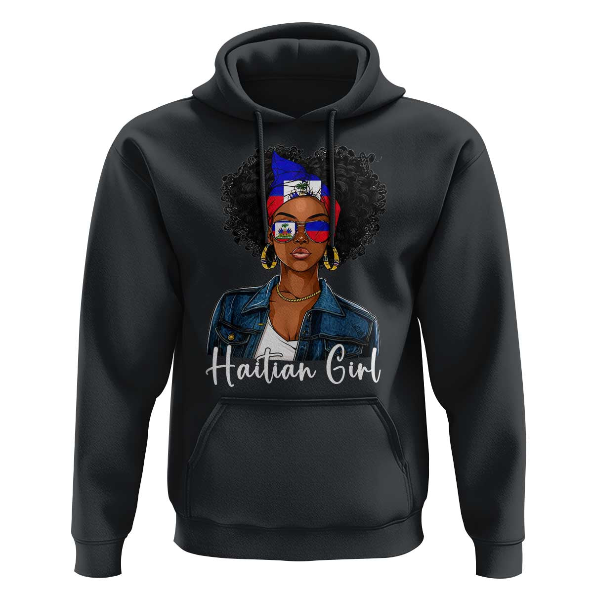 Proud Haitian Afro Girl in Denim Jacket Style Graphic Hoodie Haiti Heritage Pride
