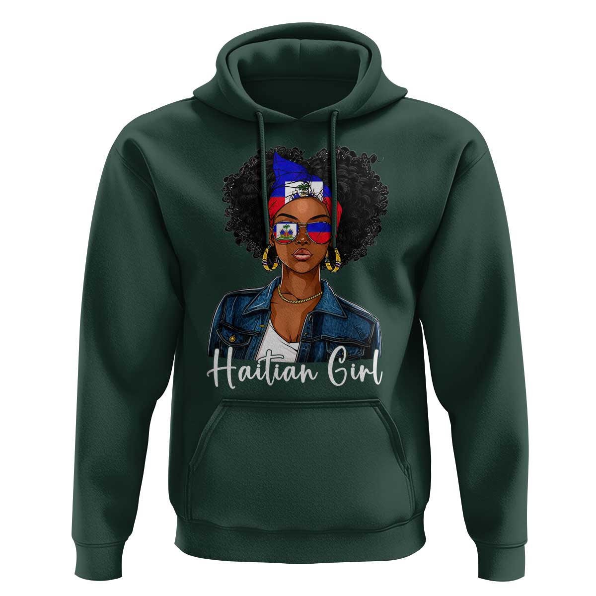 Proud Haitian Afro Girl in Denim Jacket Style Graphic Hoodie Haiti Heritage Pride