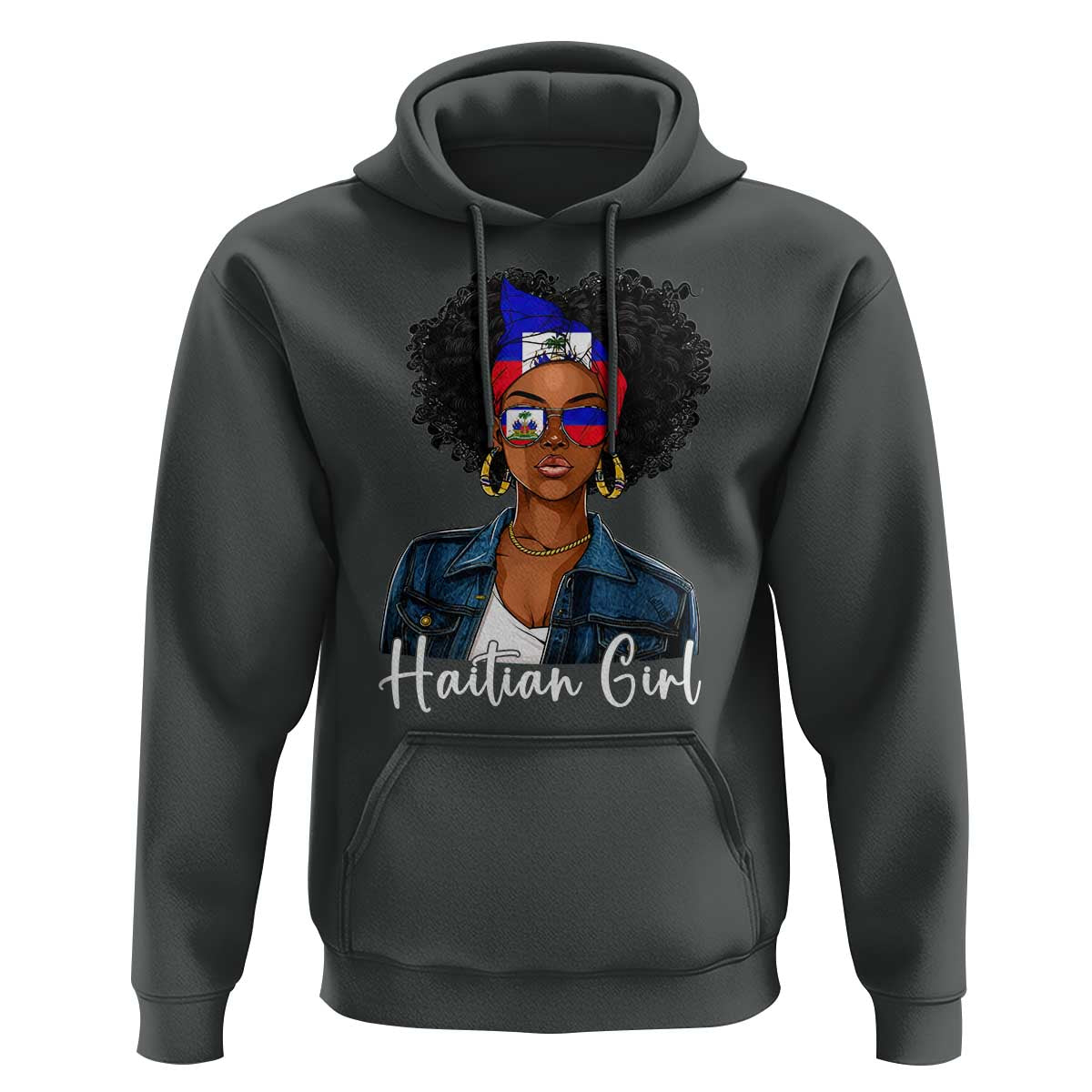 Proud Haitian Afro Girl in Denim Jacket Style Graphic Hoodie Haiti Heritage Pride