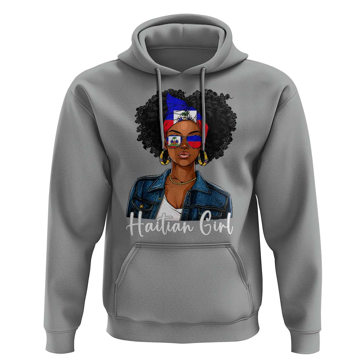 Proud Haitian Afro Girl in Denim Jacket Style Graphic Hoodie Haiti Heritage Pride