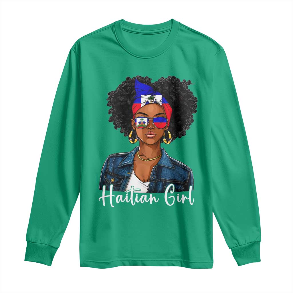 Proud Haitian Afro Girl in Denim Jacket Style Graphic Long Sleeve Shirt Haiti Heritage Pride