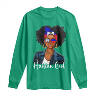 Proud Haitian Afro Girl in Denim Jacket Style Graphic Long Sleeve Shirt Haiti Heritage Pride