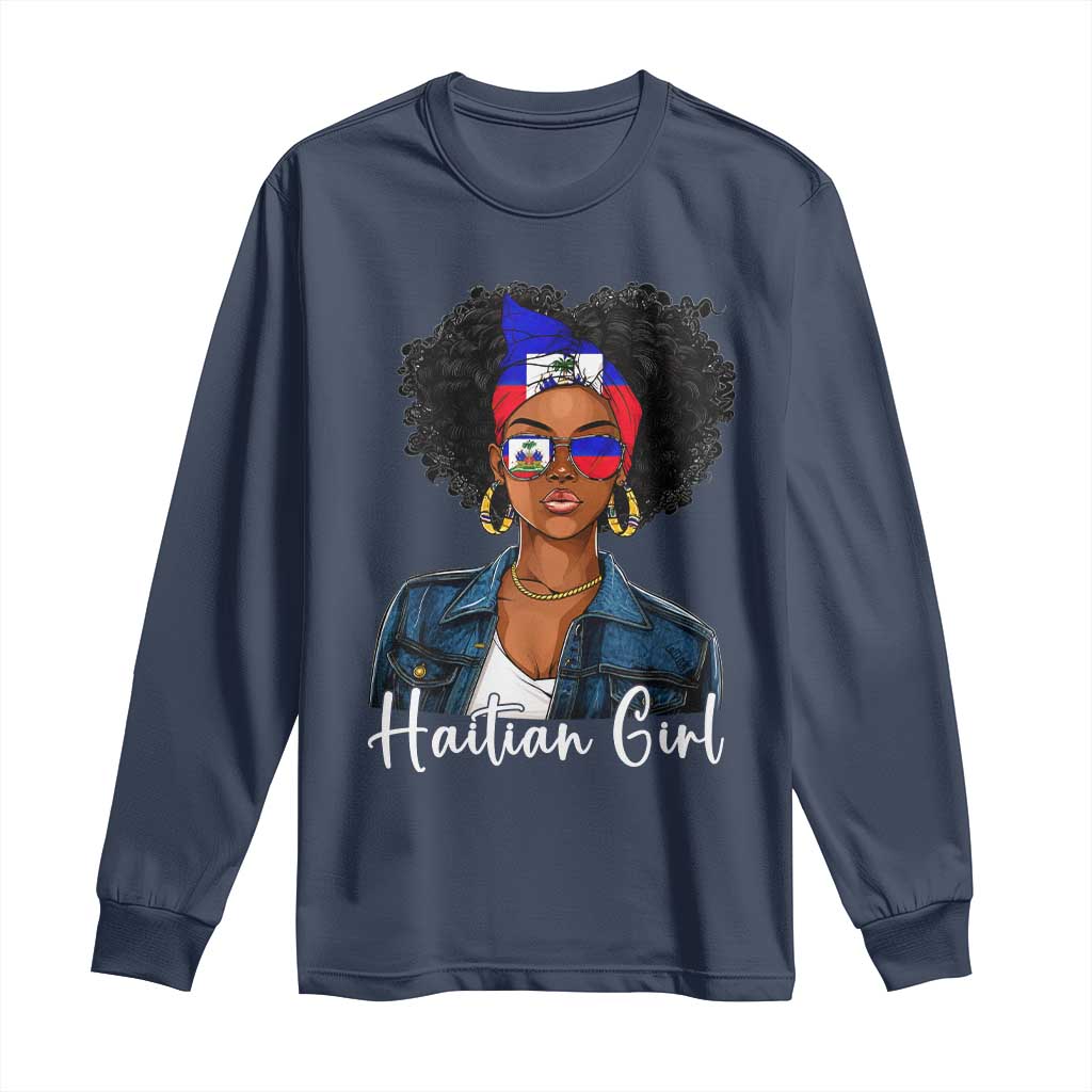 Proud Haitian Afro Girl in Denim Jacket Style Graphic Long Sleeve Shirt Haiti Heritage Pride
