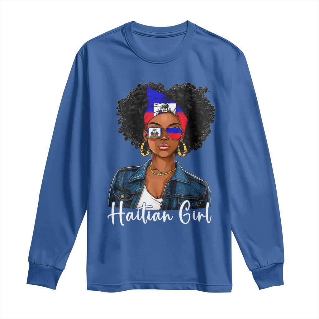 Proud Haitian Afro Girl in Denim Jacket Style Graphic Long Sleeve Shirt Haiti Heritage Pride