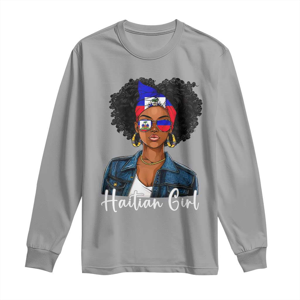 Proud Haitian Afro Girl in Denim Jacket Style Graphic Long Sleeve Shirt Haiti Heritage Pride