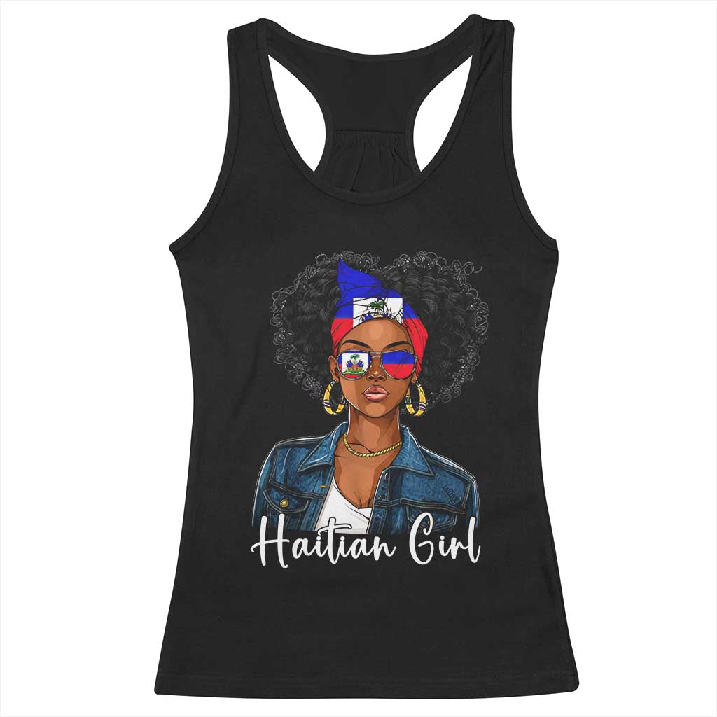 Proud Haitian Afro Girl in Denim Jacket Style Graphic Racerback Tank Top Haiti Heritage Pride
