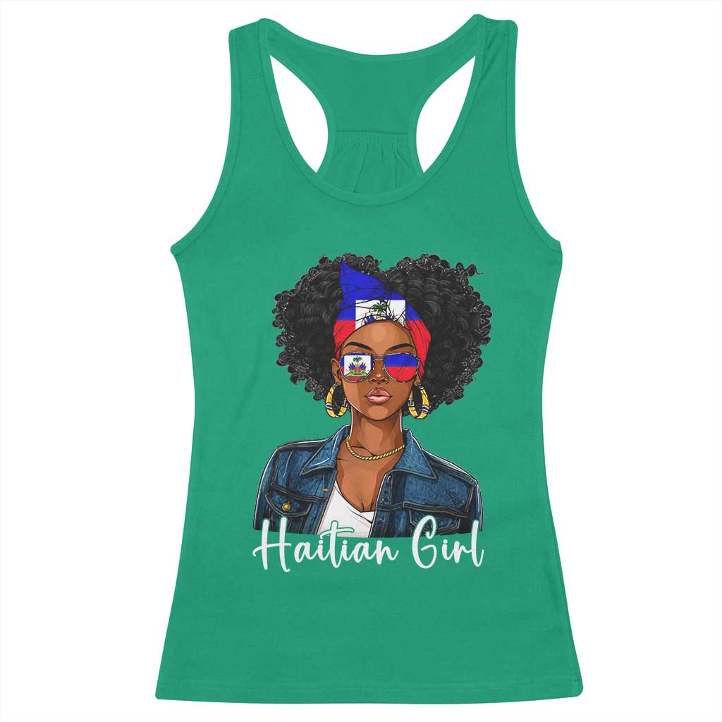 Proud Haitian Afro Girl in Denim Jacket Style Graphic Racerback Tank Top Haiti Heritage Pride