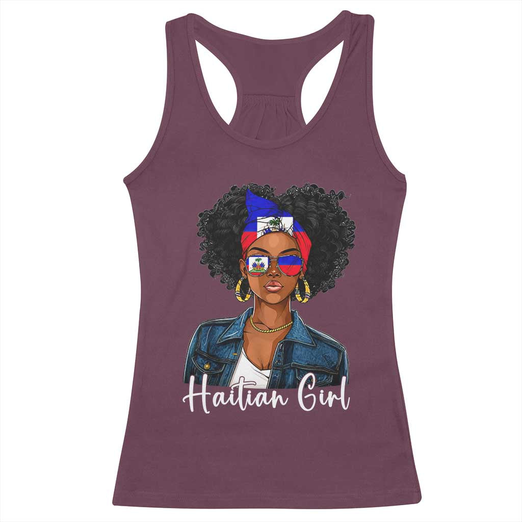 Proud Haitian Afro Girl in Denim Jacket Style Graphic Racerback Tank Top Haiti Heritage Pride