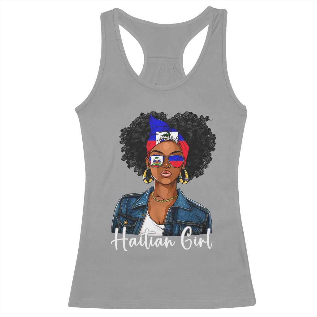 Proud Haitian Afro Girl in Denim Jacket Style Graphic Racerback Tank Top Haiti Heritage Pride
