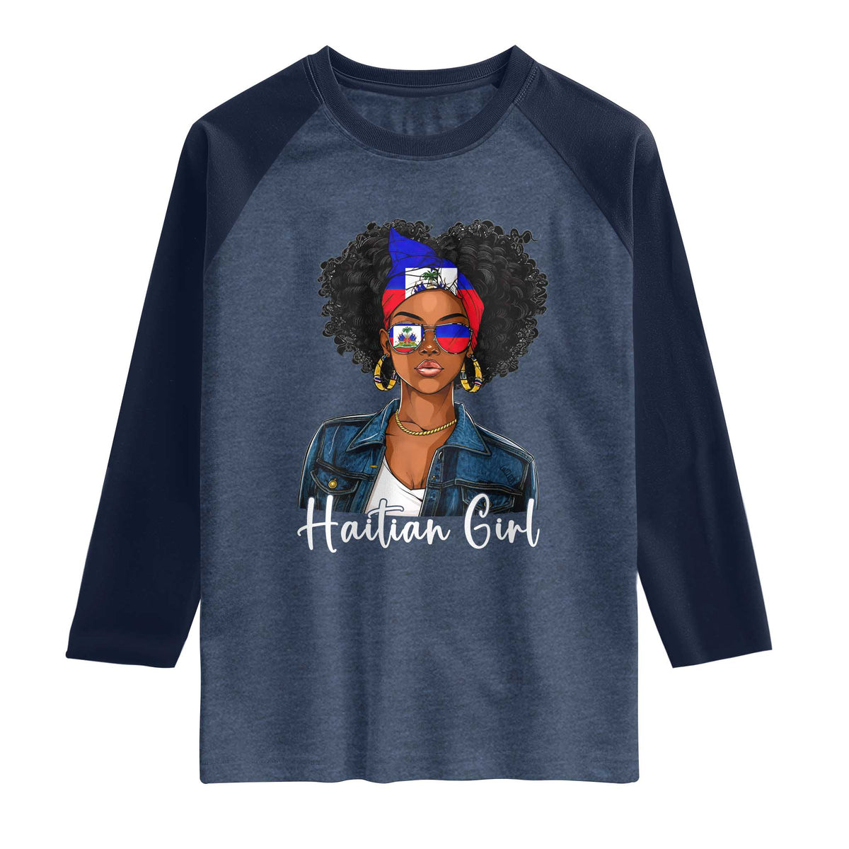 Proud Haitian Afro Girl in Denim Jacket Style Graphic Raglan Shirt Haiti Heritage Pride