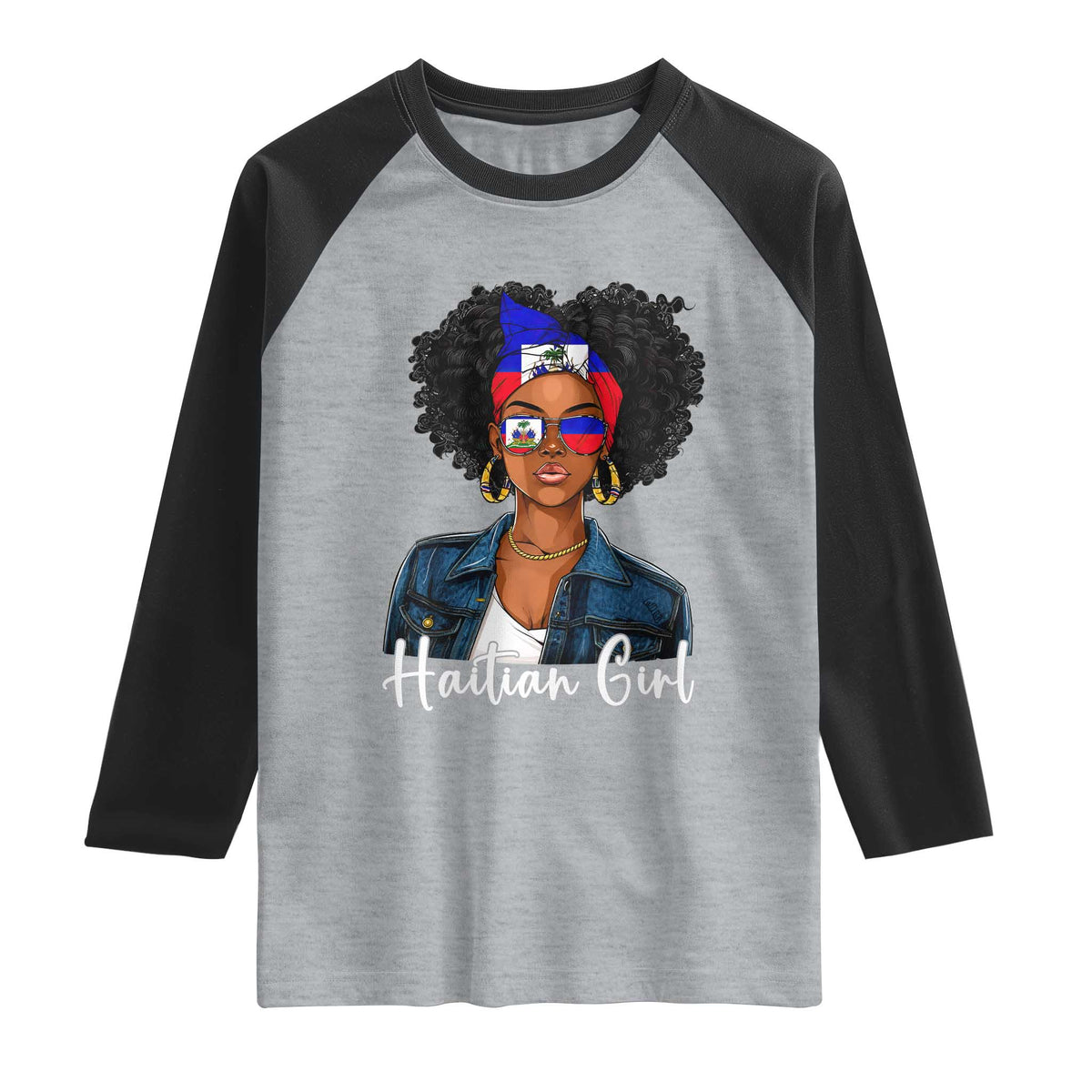Proud Haitian Afro Girl in Denim Jacket Style Graphic Raglan Shirt Haiti Heritage Pride