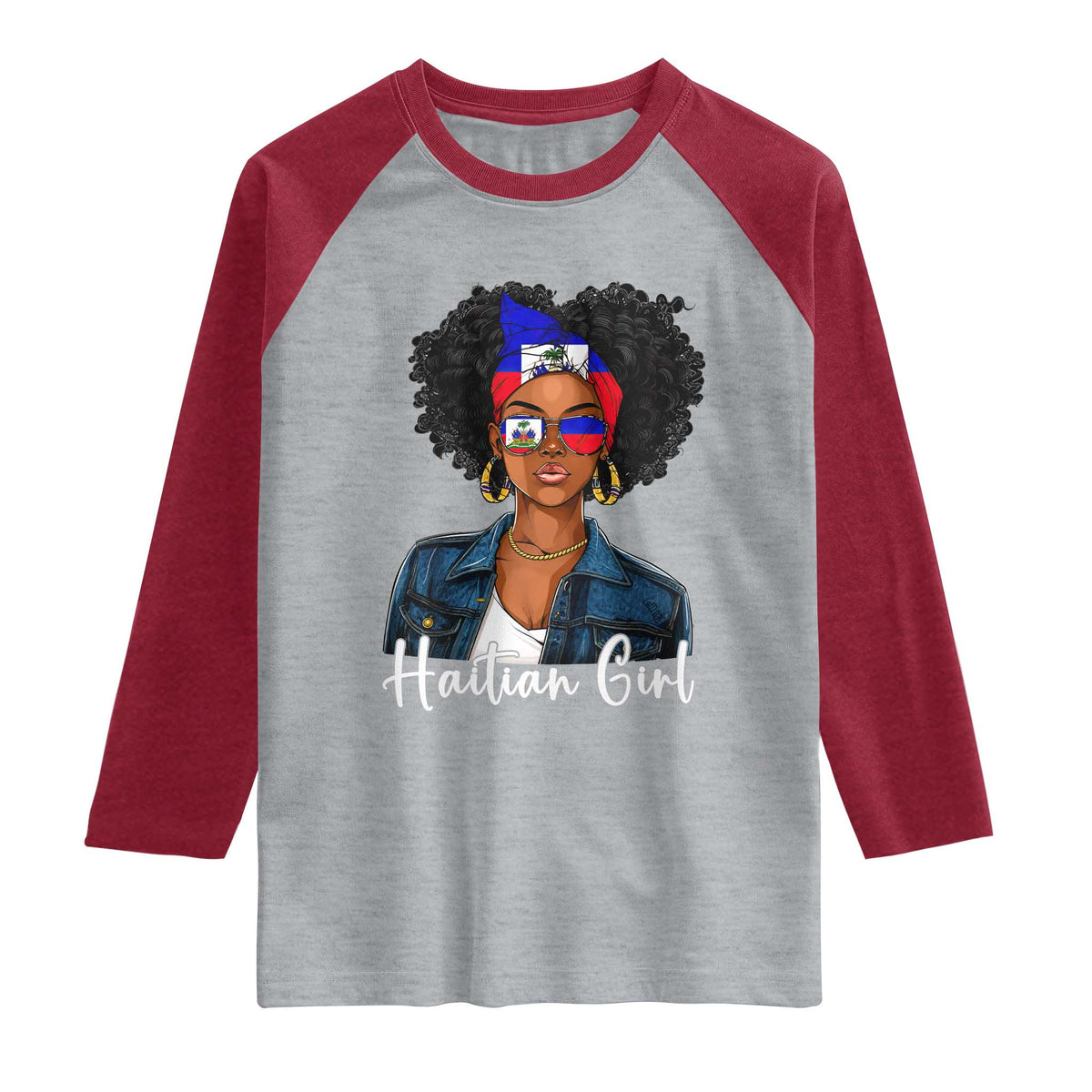 Proud Haitian Afro Girl in Denim Jacket Style Graphic Raglan Shirt Haiti Heritage Pride