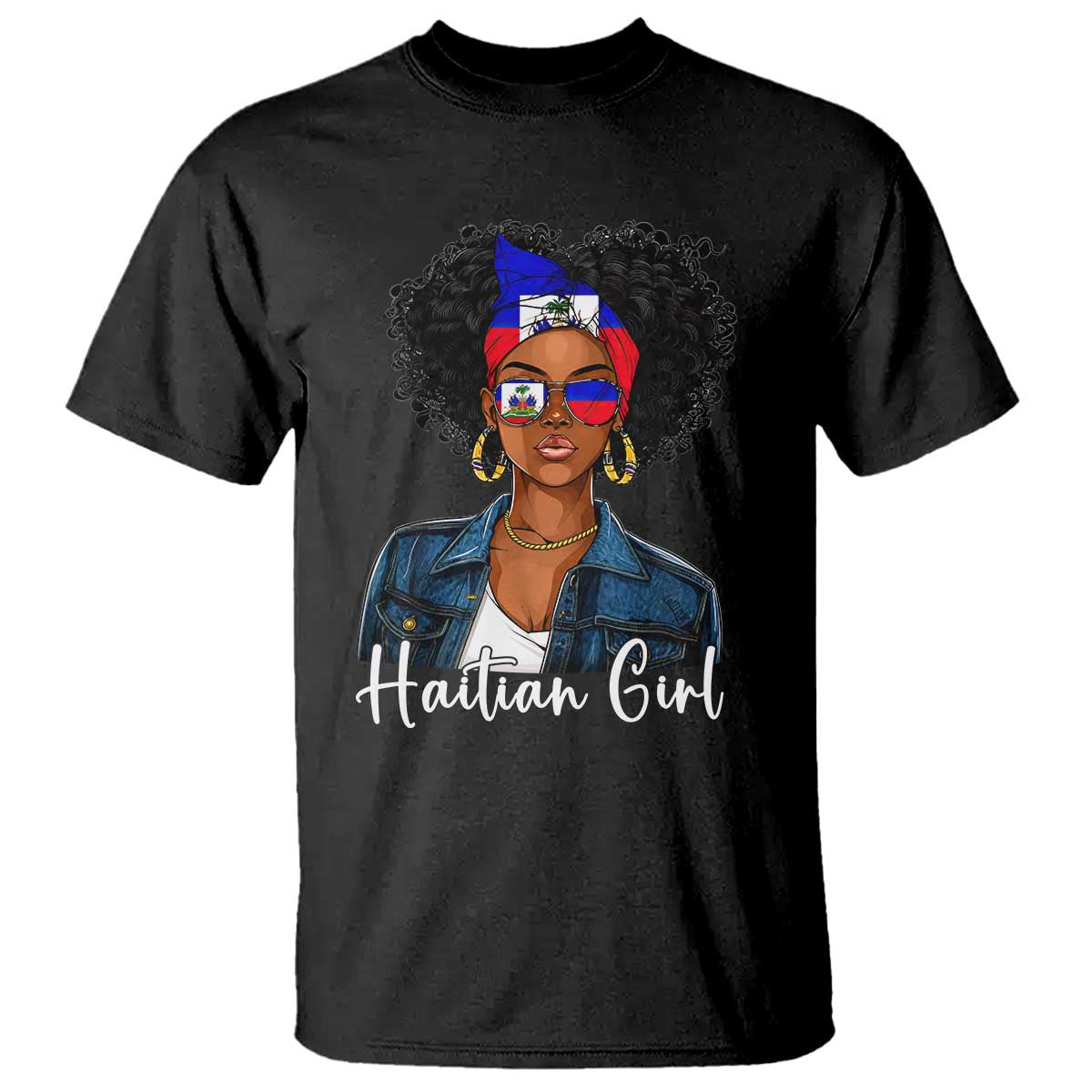 Proud Haitian Afro Girl in Denim Jacket Style Graphic T Shirt Haiti Heritage Pride