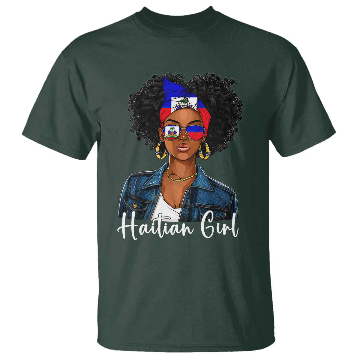 Proud Haitian Afro Girl in Denim Jacket Style Graphic T Shirt Haiti Heritage Pride