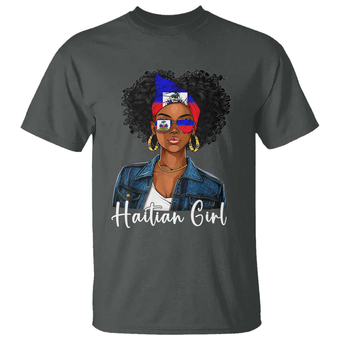 Proud Haitian Afro Girl in Denim Jacket Style Graphic T Shirt Haiti Heritage Pride