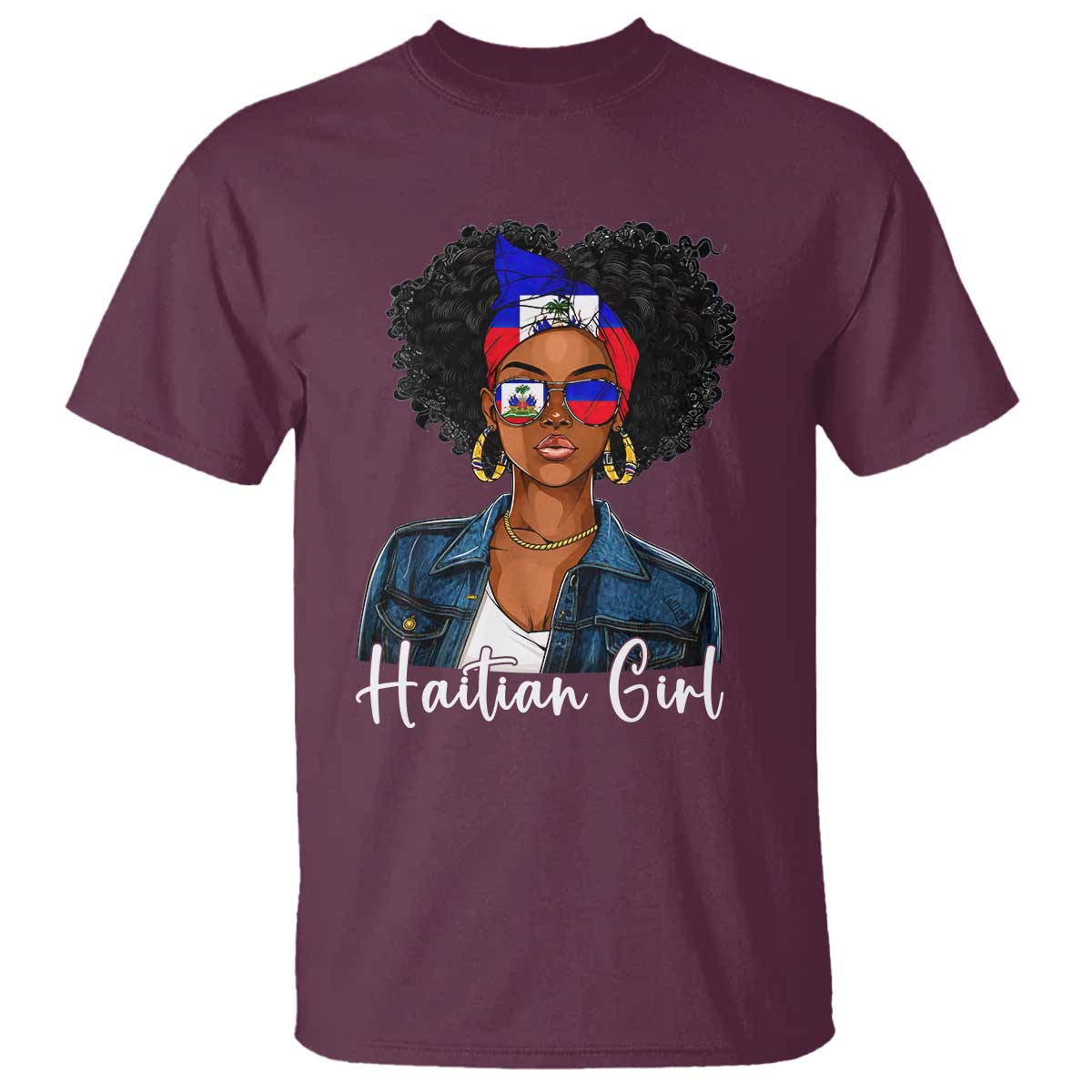 Proud Haitian Afro Girl in Denim Jacket Style Graphic T Shirt Haiti Heritage Pride