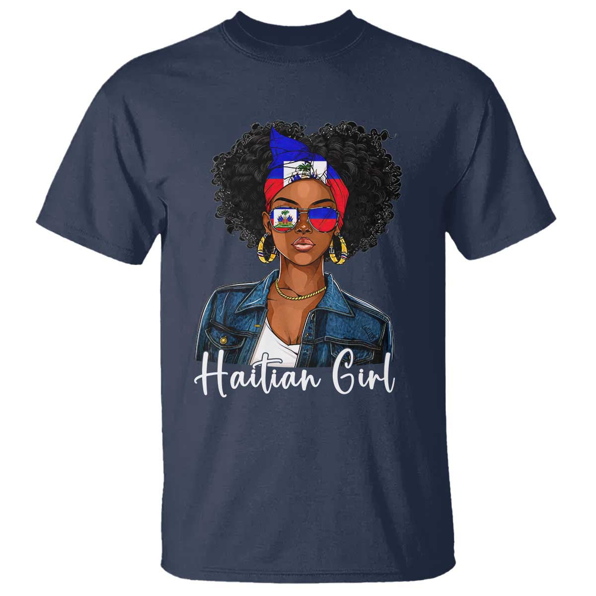 Proud Haitian Afro Girl in Denim Jacket Style Graphic T Shirt Haiti Heritage Pride
