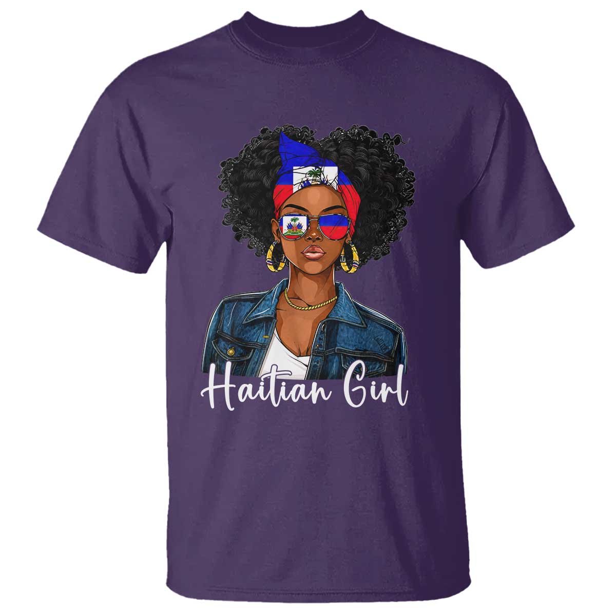 Proud Haitian Afro Girl in Denim Jacket Style Graphic T Shirt Haiti Heritage Pride