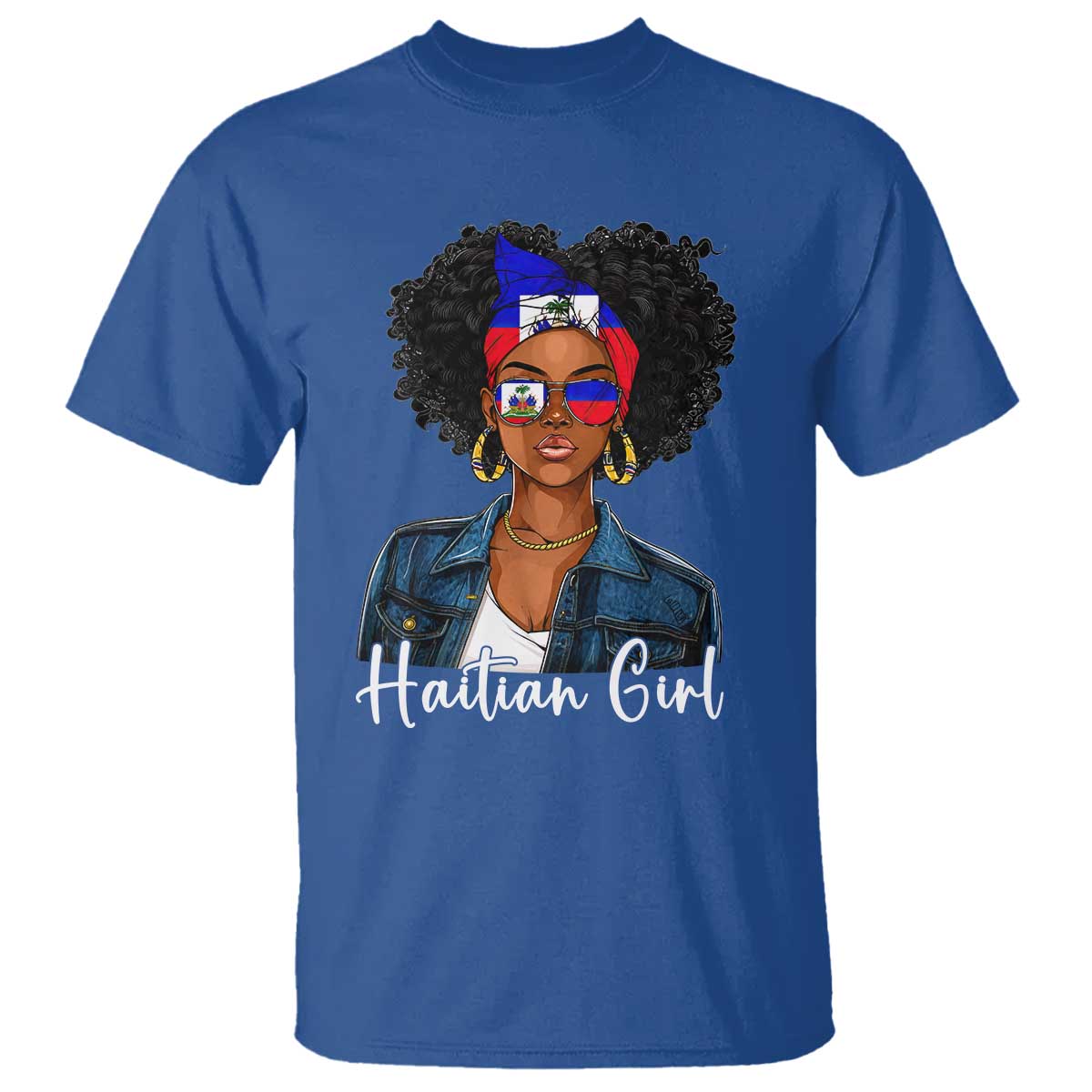 Proud Haitian Afro Girl in Denim Jacket Style Graphic T Shirt Haiti Heritage Pride