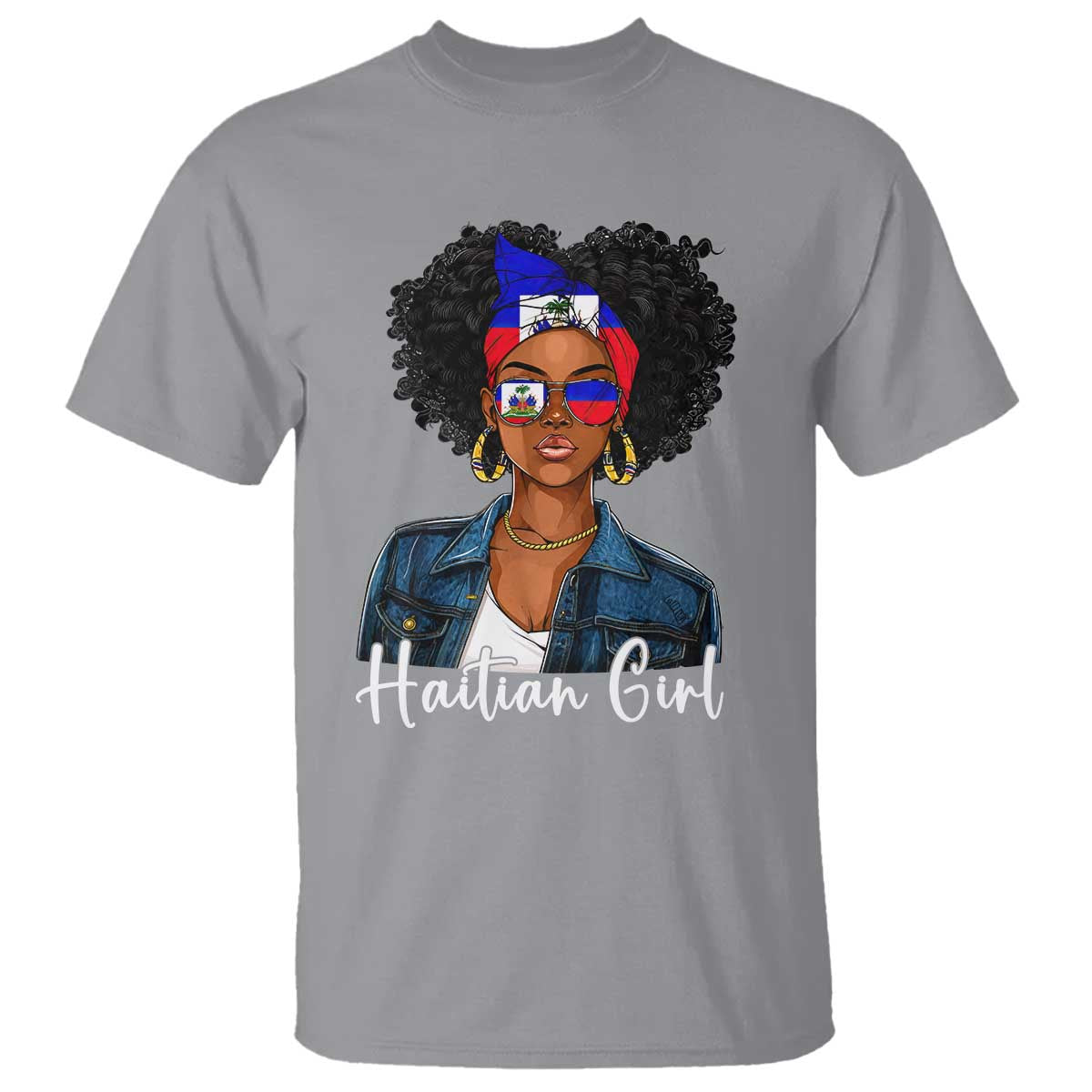 Proud Haitian Afro Girl in Denim Jacket Style Graphic T Shirt Haiti Heritage Pride
