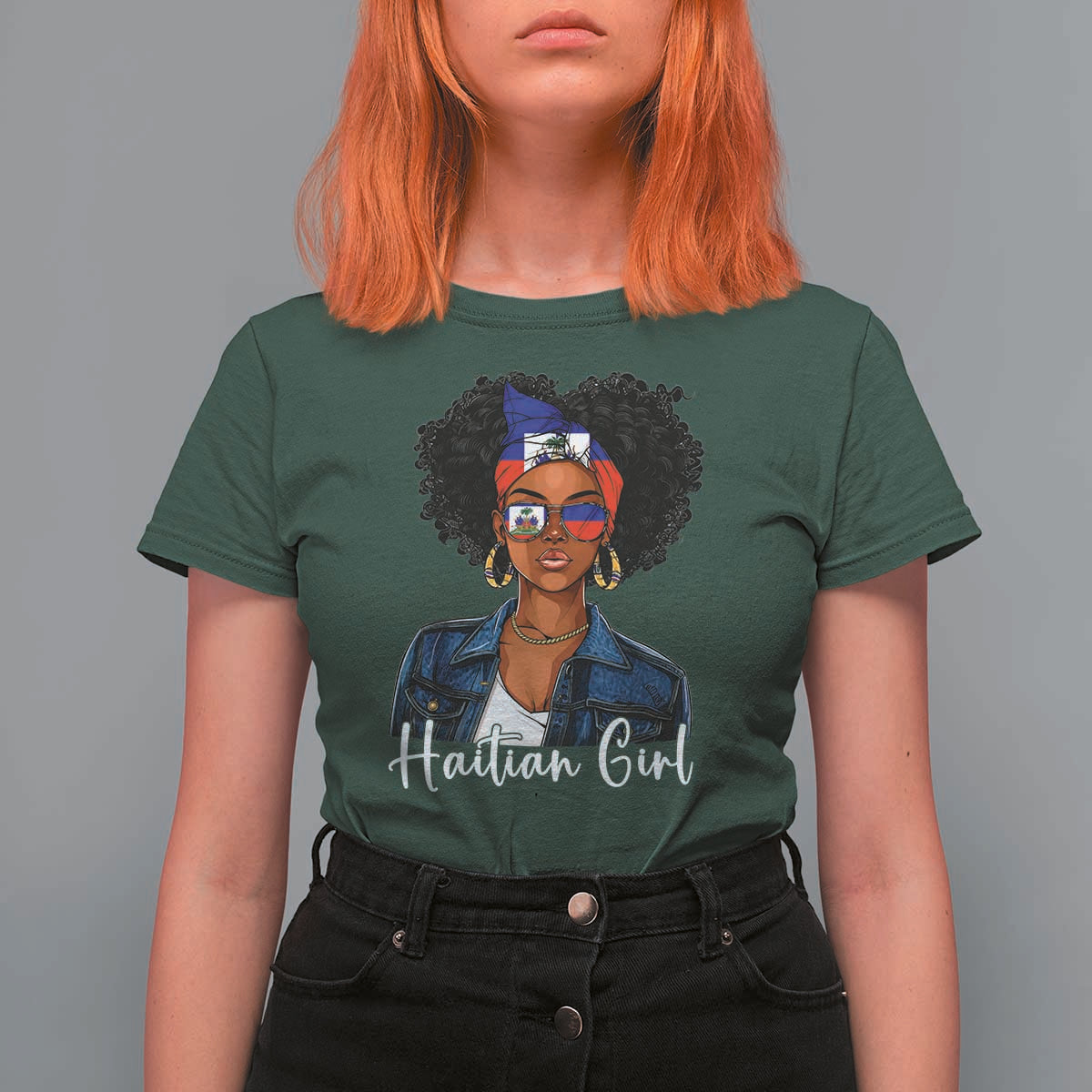 Proud Haitian Afro Girl in Denim Jacket Style Graphic T Shirt For Women Haiti Heritage Pride