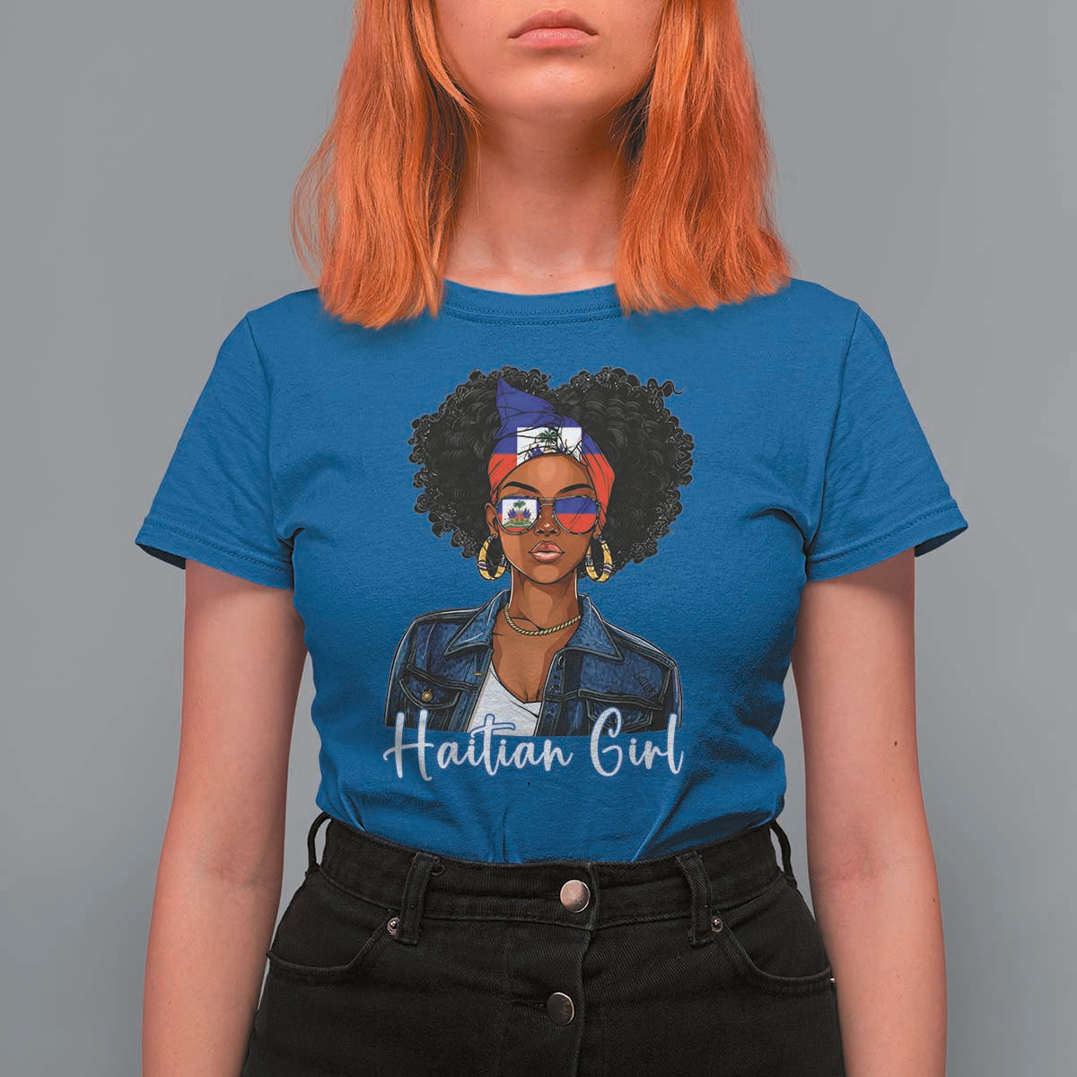 Proud Haitian Afro Girl in Denim Jacket Style Graphic T Shirt For Women Haiti Heritage Pride