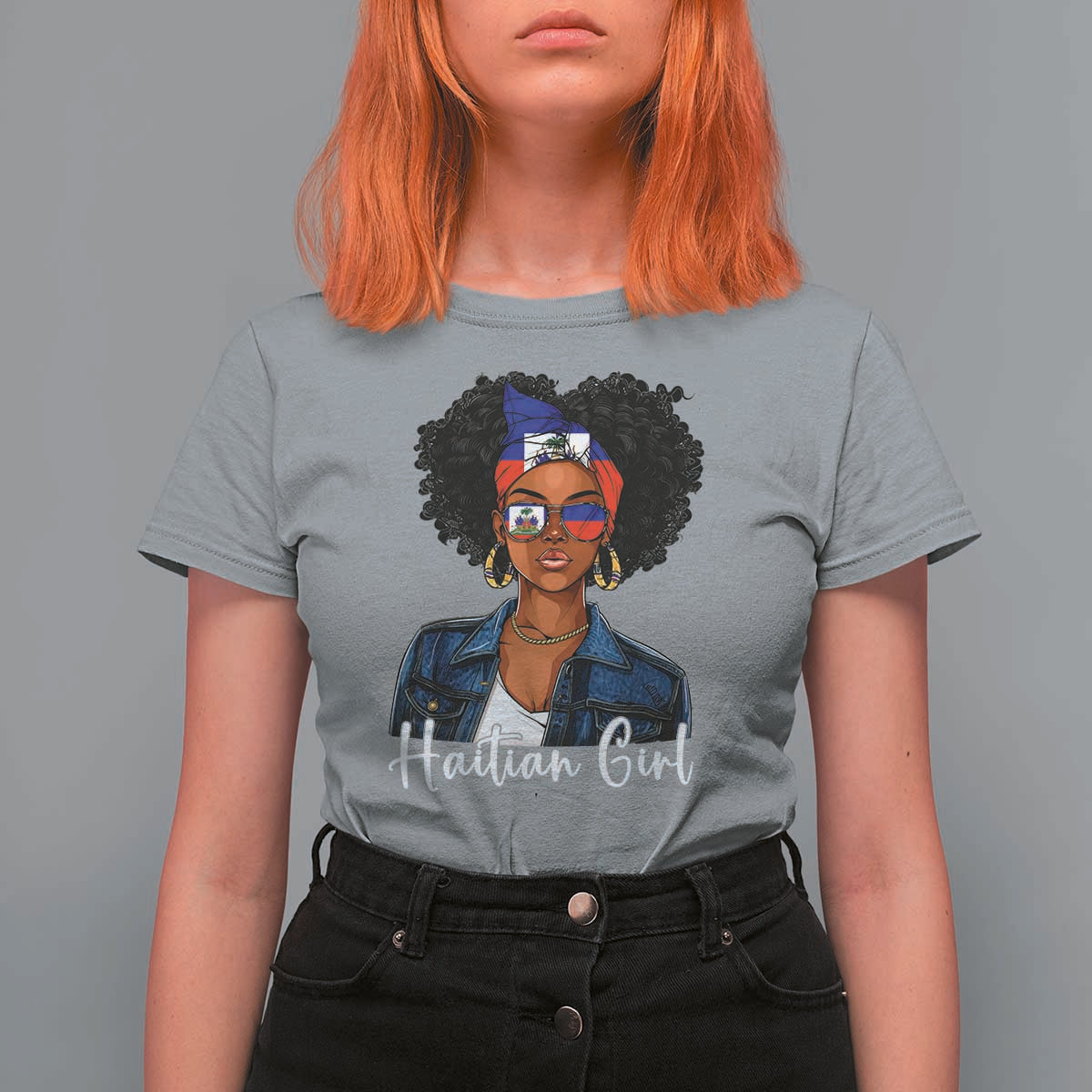 Proud Haitian Afro Girl in Denim Jacket Style Graphic T Shirt For Women Haiti Heritage Pride